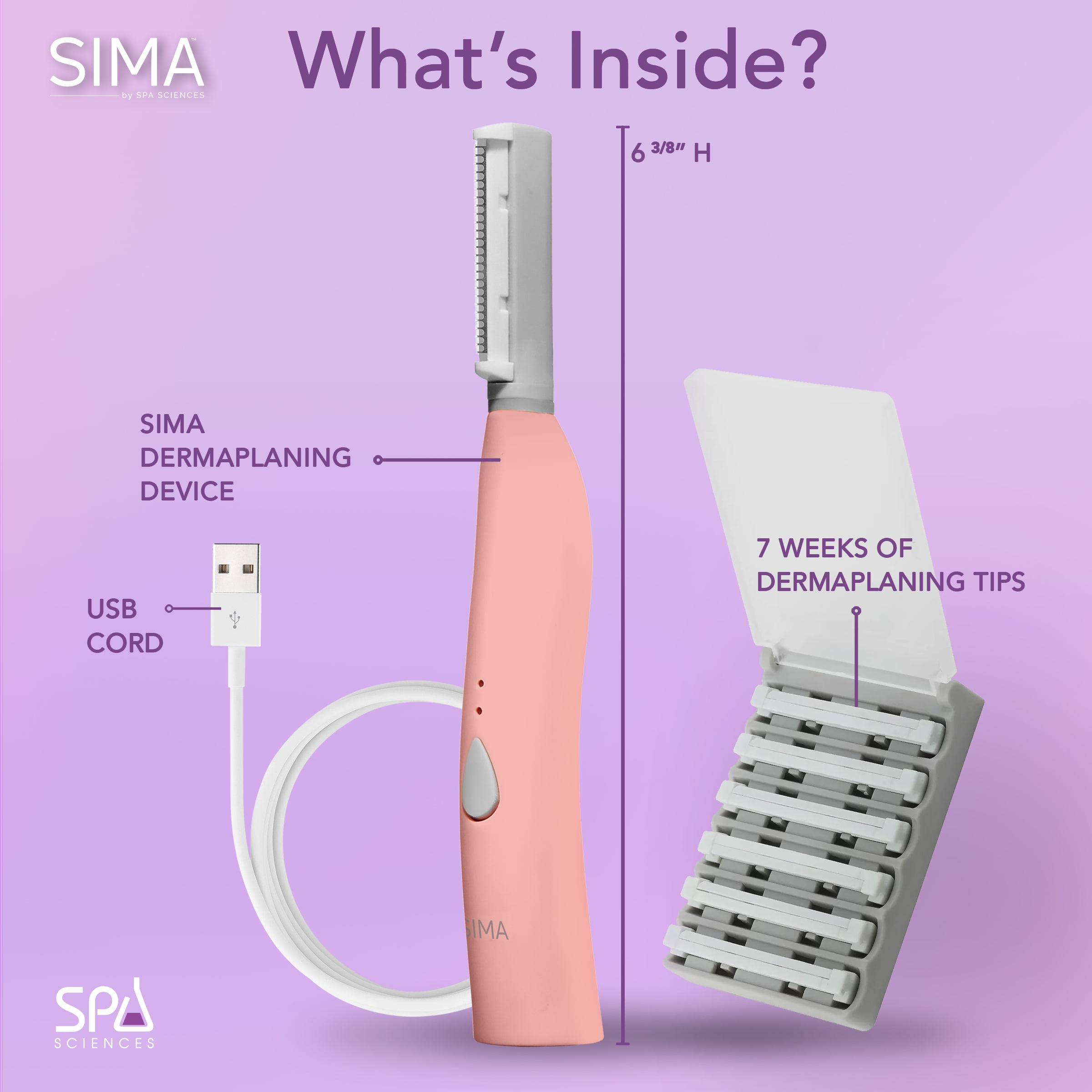 Spa Sciences SIMA Dermaplane Razor, 2 in 1 Exfoliation and Hair Removal, 3 Speed, Includes 7 Tips, Rechargeable, Pink, OS
