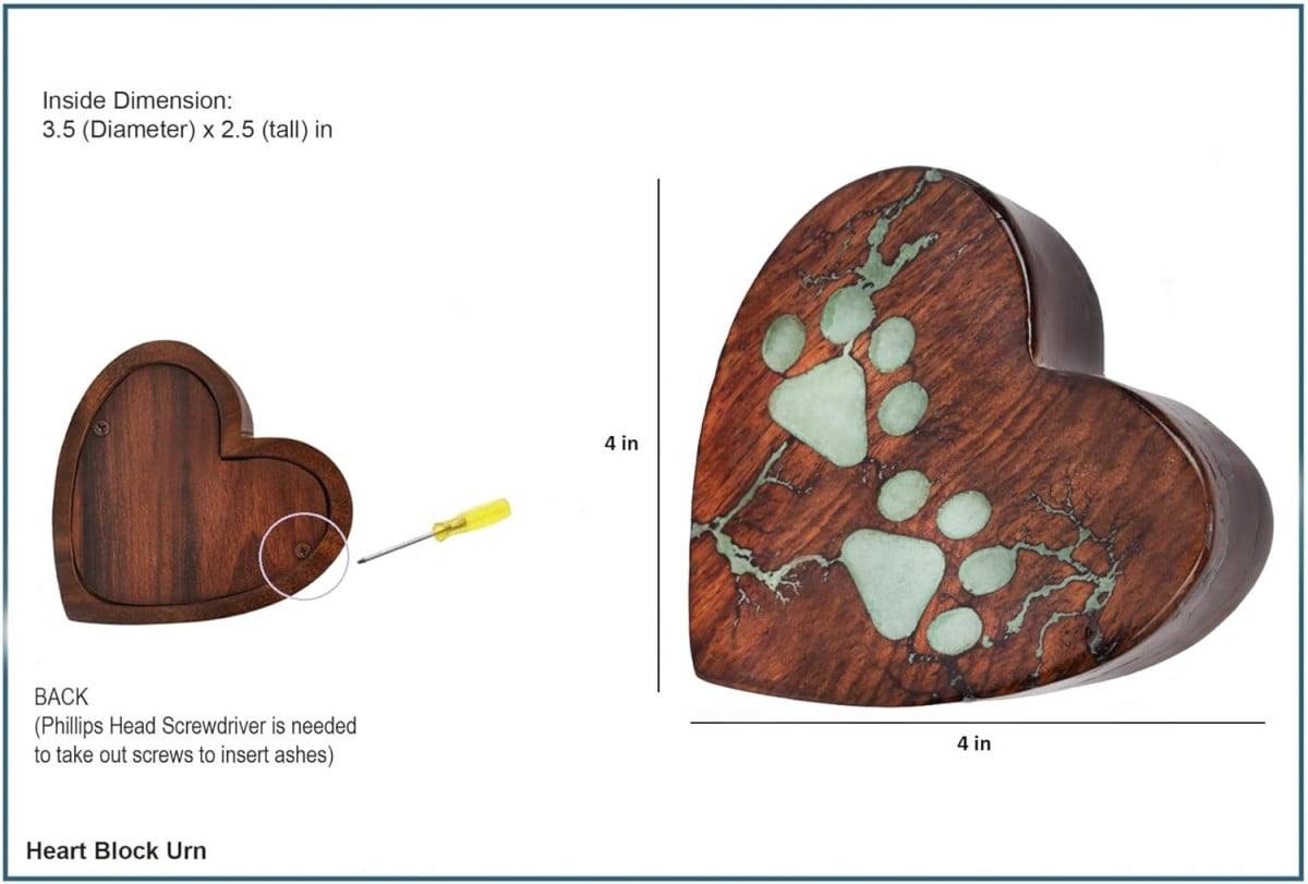CRAFT INDIA Wooden Heart Cremation Urn for Pet Ashes, Handmade Mini Memorial Keepsake Box