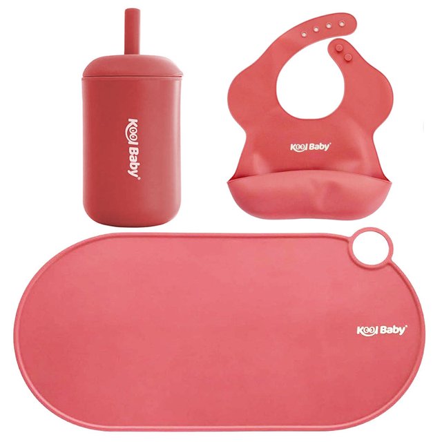 Set de Alimentación de Silicón Kool Baby Mantel Babero y Vaso con Popote Rojo