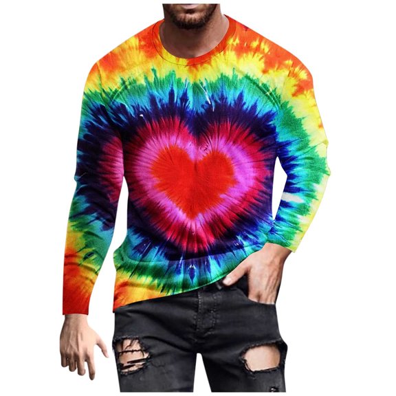 Men's Valentines Day Outfits Long Sleeve T-Shirts Crew Neck Love Hearts Printed Funny Tees Casual Holiday Tops (XL, Tie-Dye)