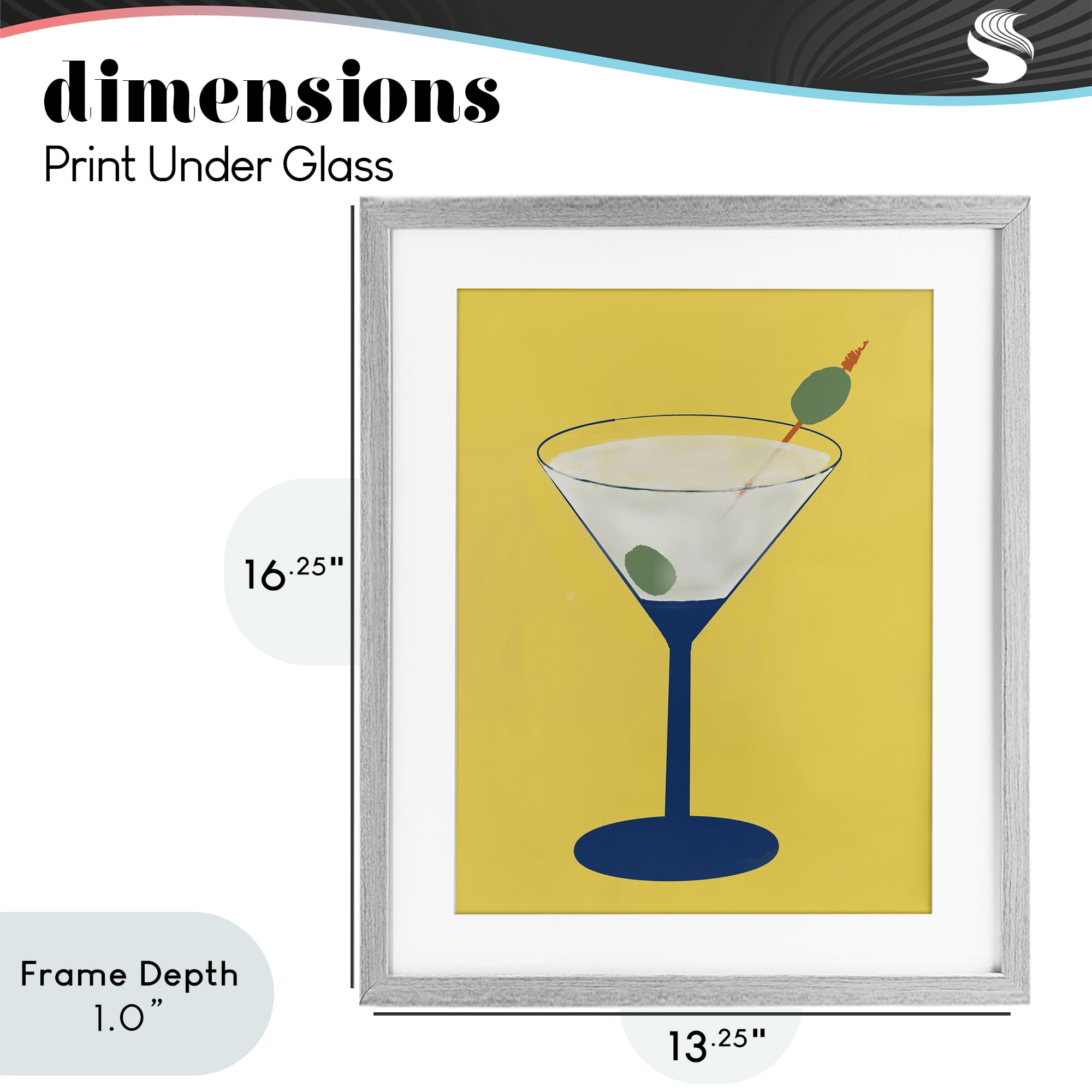 Stupell Industries Martini Glass over Yellow Gray Framed Print Under Glass, design by Robin Maria