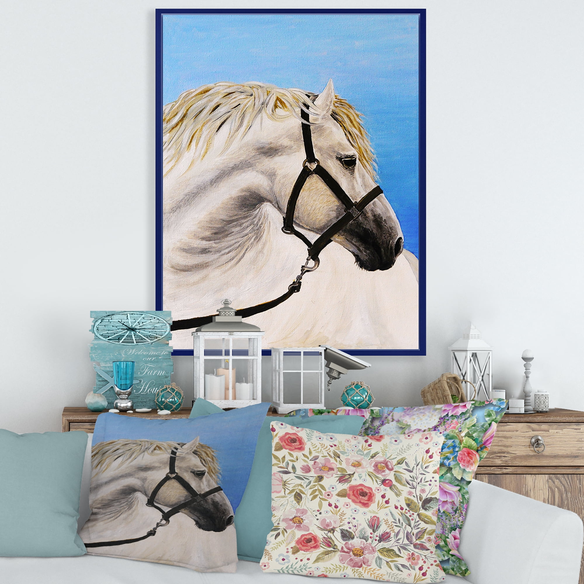 Close Up Of White Horse In The Furrow 16 in x 32 in Framed Photography Canvas Art Print, by Designart
