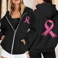 thumbnail image 2 of Womens Oversized Zip Hoodie Pink Ribbon Feather Print Cancer Awareness Casual Long Sleeve Hooded Sweatshirt, 2 of 6