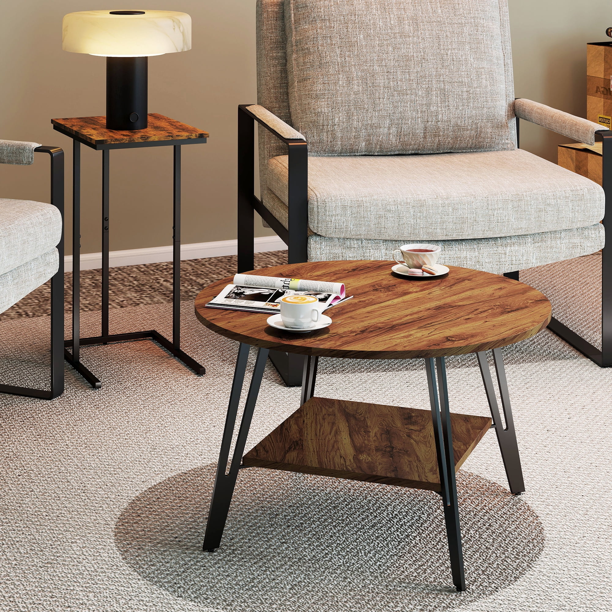 Manxile Round Coffee Table with 2 - Tier Storage, Wood Coffee Table with Metal Legs, Modern Rustic  Center Table for Living Room, Red Brown