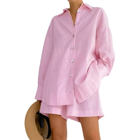 

Thaisu Women Pajama Set Long Sleeve Button-down Shirt with Elastic Waist Shorts Sleepwear Loungewear