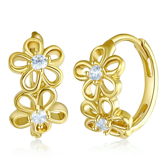 Wellingsale Ladies 14k Yellow Gold Polished CZ Flower Huggies Hoop Earrings
