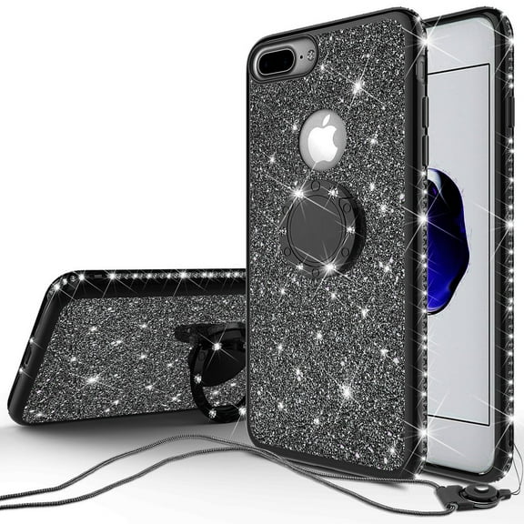 Glitter Cute Ring Stand Phone Case for Apple iPhone 8 Plus/Iphone 7 Plus Case,Bling Bumper Kickstand Sparkly Clear Soft Protective for Girls Women - Black