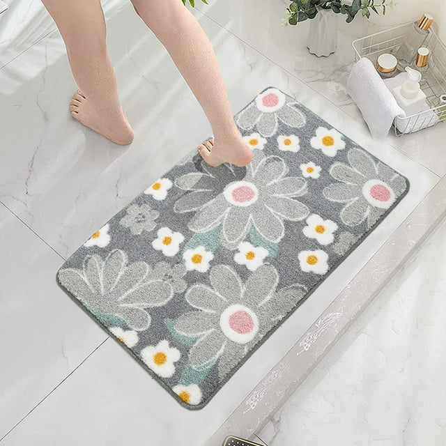 Microfiber Bathroom Floor Mat with Flocked Chrysanthemum Design Non Slip Absorbent Polyester Carpet for Kitchen Bedroom Living Room Easy Wash Machine Washable 23.6x15.7in Rug