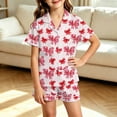 thumbnail image 2 of CAIVO 2 Piece Pajama Sets Girls Lapel Short Sleeve Button Down Shirt With Shorts Casual Loungewear Bowknot Printed Sleepwear For Kids Soft Breathable Summer Nightclothes Pjs, 2 of 4