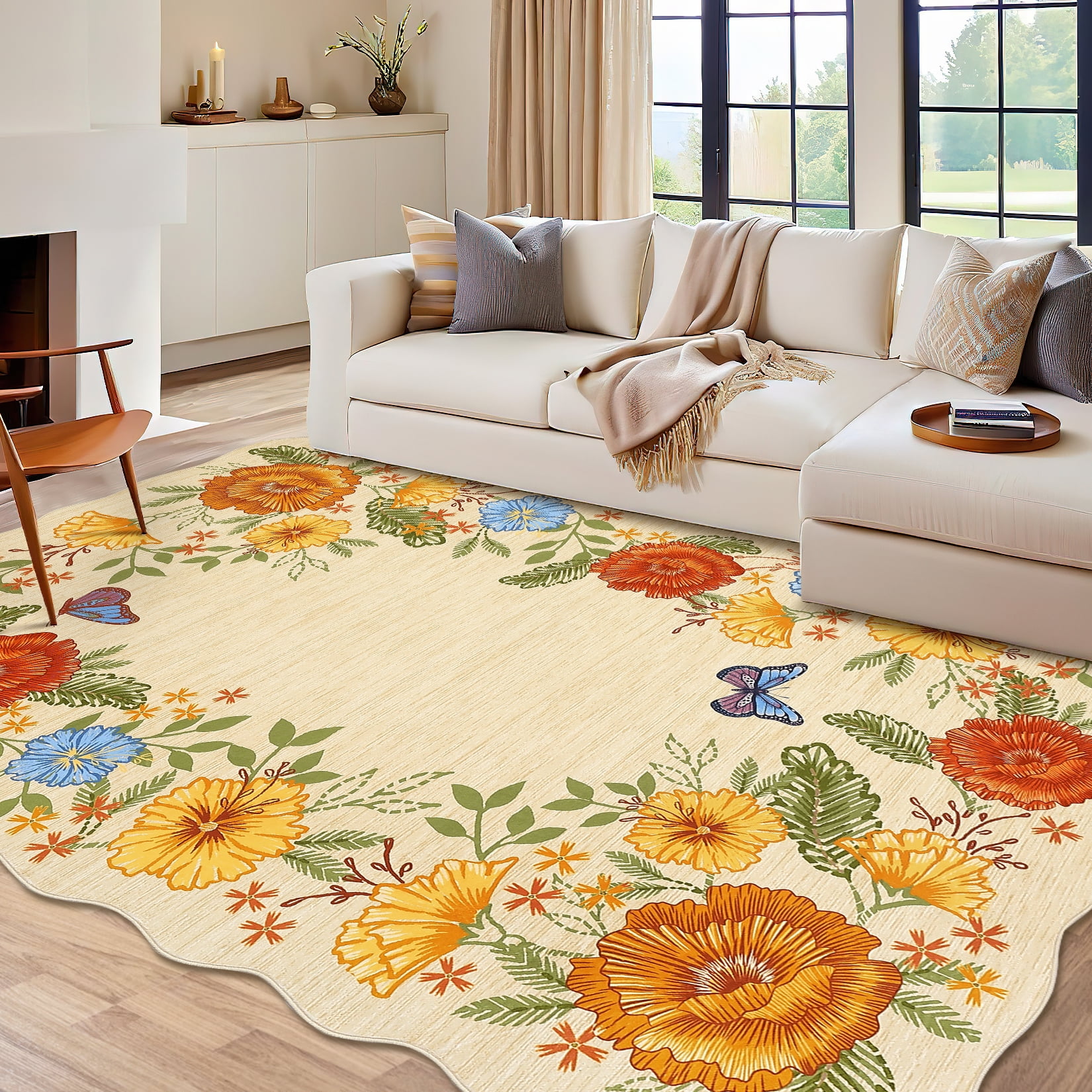Garvee 9'x12' Floral Area Rugs, Washable Boho Rugs Ultra Soft Print Carpet, Non-Slip Low Pile Rug Stain Resistant Distressed Indoor Rugs for Living Room Bedroom Dining Room, Yellow