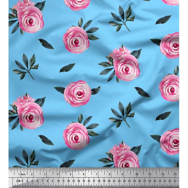 Soimoi Blue Poly Georgette Fabric Leaves & Ranunculus Floral Decor Fabric Printed Yard 52 Inch Wide