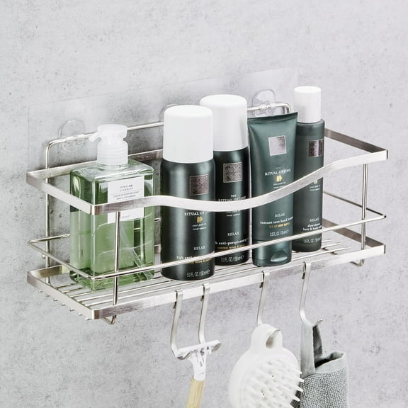 Premium Shower Caddy - Adhesive Bathroom Shower Organizer and Storage w/ 4 Hooks, No Drill Shower Shelves for Inside Shower, Rustproof Stainless Steel Shower Rack, Accessories Holder, Silver