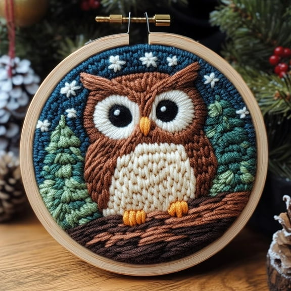 DIY Punch Needle Kits Cute Cartoon Owl with Christmas Embroidery Punch Needle Starter Craft with Hoop Easy for Beginners for Festival t and Decoration 20x20cm-1