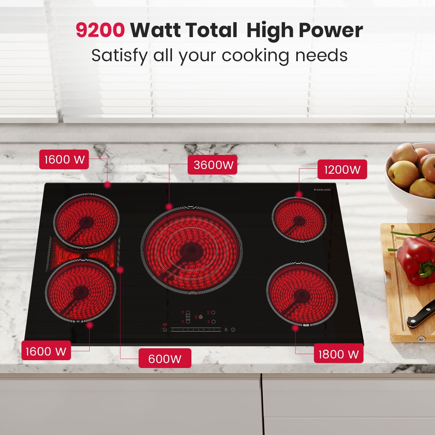 Gasland Chef 36in. 5 Elements Radiant Electric Cooktop in Black with Tri-Ring Element and Bridge Element