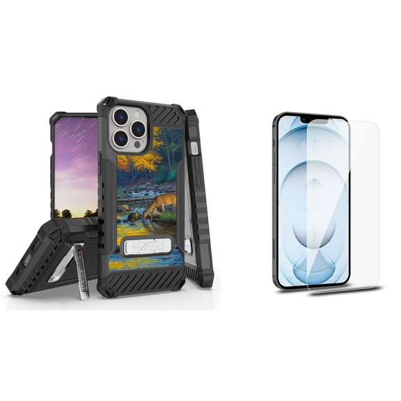 Bemz iPhone 13 Pro Max Bundle: Tri Shield Shockproof Armor Rugged Case (Deer Lake Wilderness), Premium Glass Screen Protectors (2-Pack)