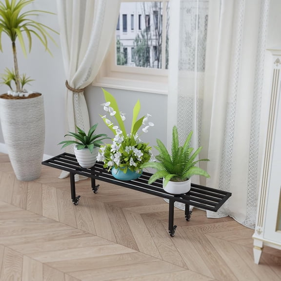 One Tier Metal Plant Stand with Wheels,(45.67 L x 8.66 W x 10.3 H) Heavy Duty Plant Holder for Home, Window,Garden, Plant Lovers, Display Stand