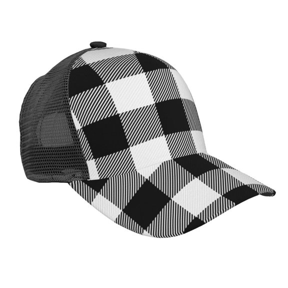 Lsque White And Black Plaid Printed Trucker Hat - Baseball Cap for Men Women - Breathable Mesh Side, Adjustable Fit - for Casual Wear