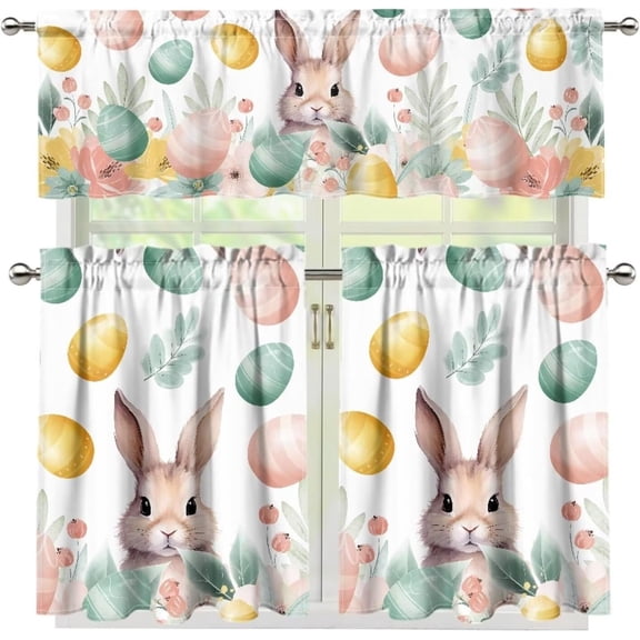mayuai Easter Bunny Eggs Kitchen Curtains and Valances Set Tier Curtains Linen Curtains Cafe Curtains 36 Inch Length Living Room Bedroom Bathroom Farmhouse Rustic Country Curtains 3 Piece Set