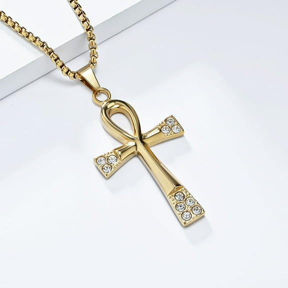 New Necklace & Pendant The Key of the Nile 14K Yellow Gold Chain for Women/Men Jewelry CZ Stone Egyptian Cross Necklace