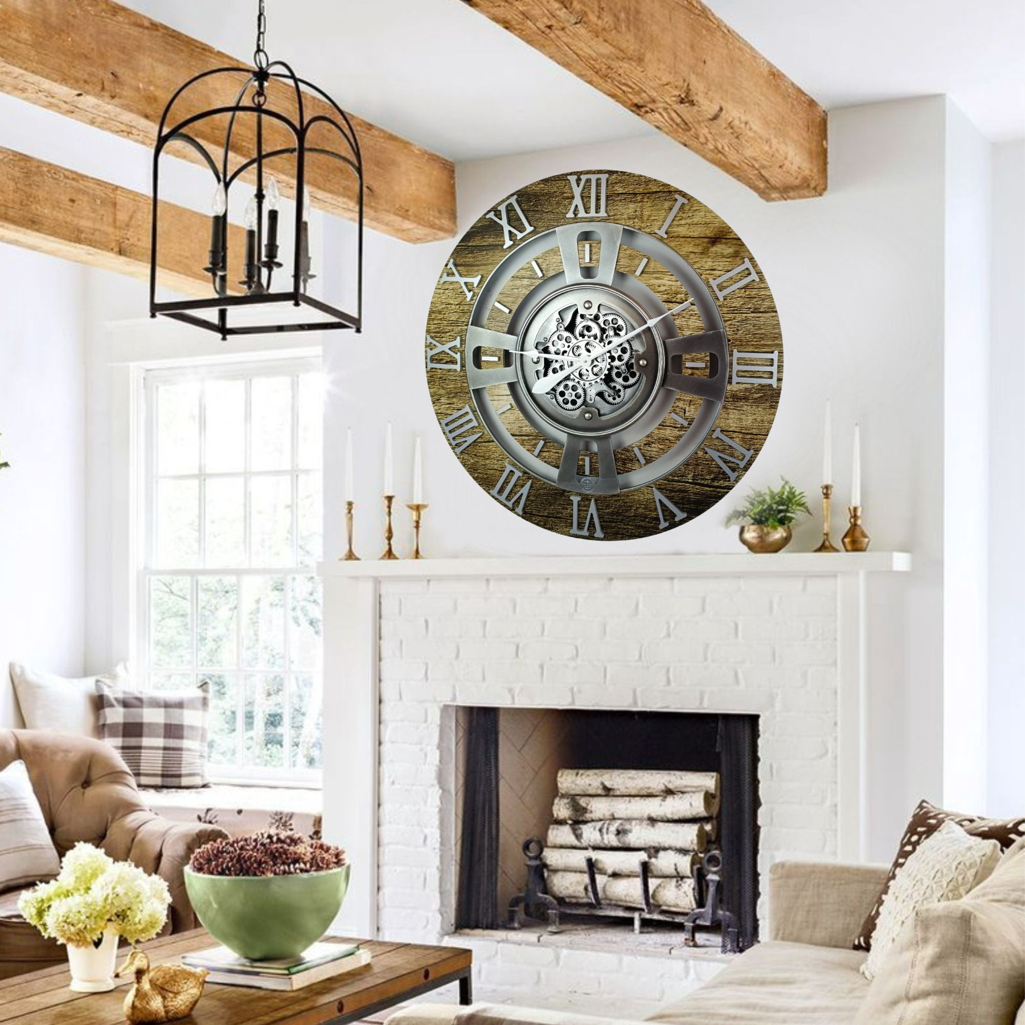 THE GEARS CLOCK Wall Clock with Real Moving Gears EN-LI_ 24 in Round Gold-Antique