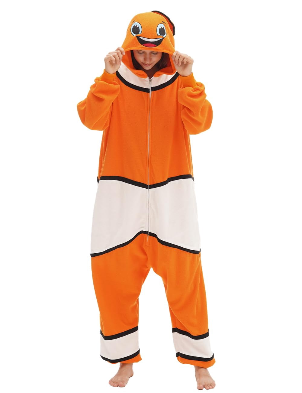 Clownfish Costume Adult Animal Onesie Pajamas Halloween Cosplay Hooded Homesuit Jumpsuit for Women Men