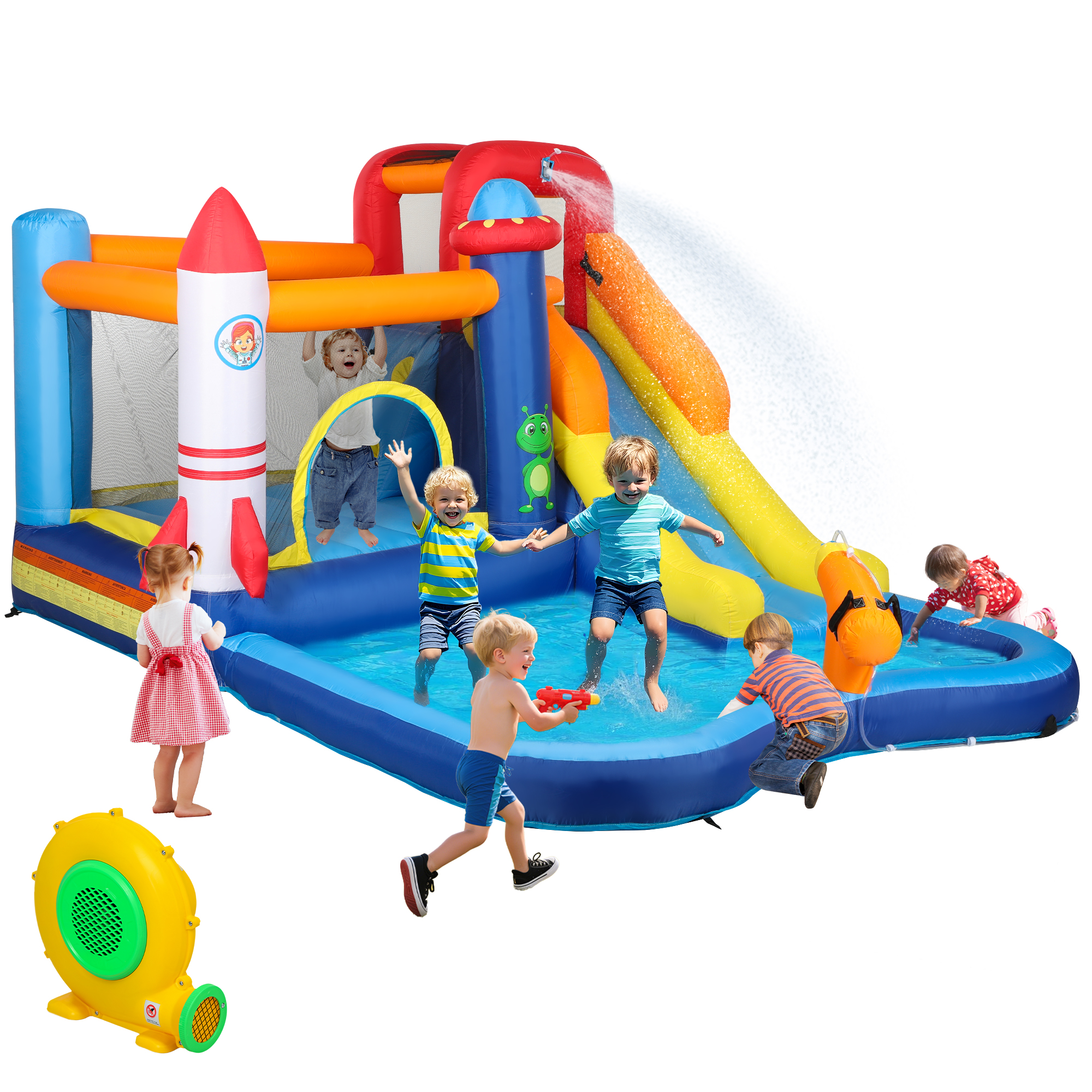 Qaba Inflatable Bounce House, Kids Water Slide with Splash Pool, Trampoline, Climbing Wall, Cannon, 5 in 1 Kids Outdoor Fun with 550W Blower