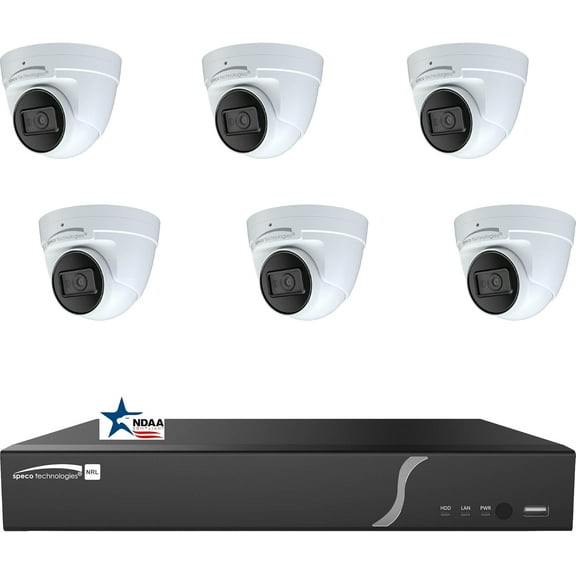 Speco-Technologies 8 Channel PoE IP Camera System, NDAA Compliant, N8NRL 8 CH 4K H.265 NVR with 6 pcs O4VT2 4MP Wired IP PoE Dome Weatherproof Cameras IP Cameras, 2TB Hard Drive Storage