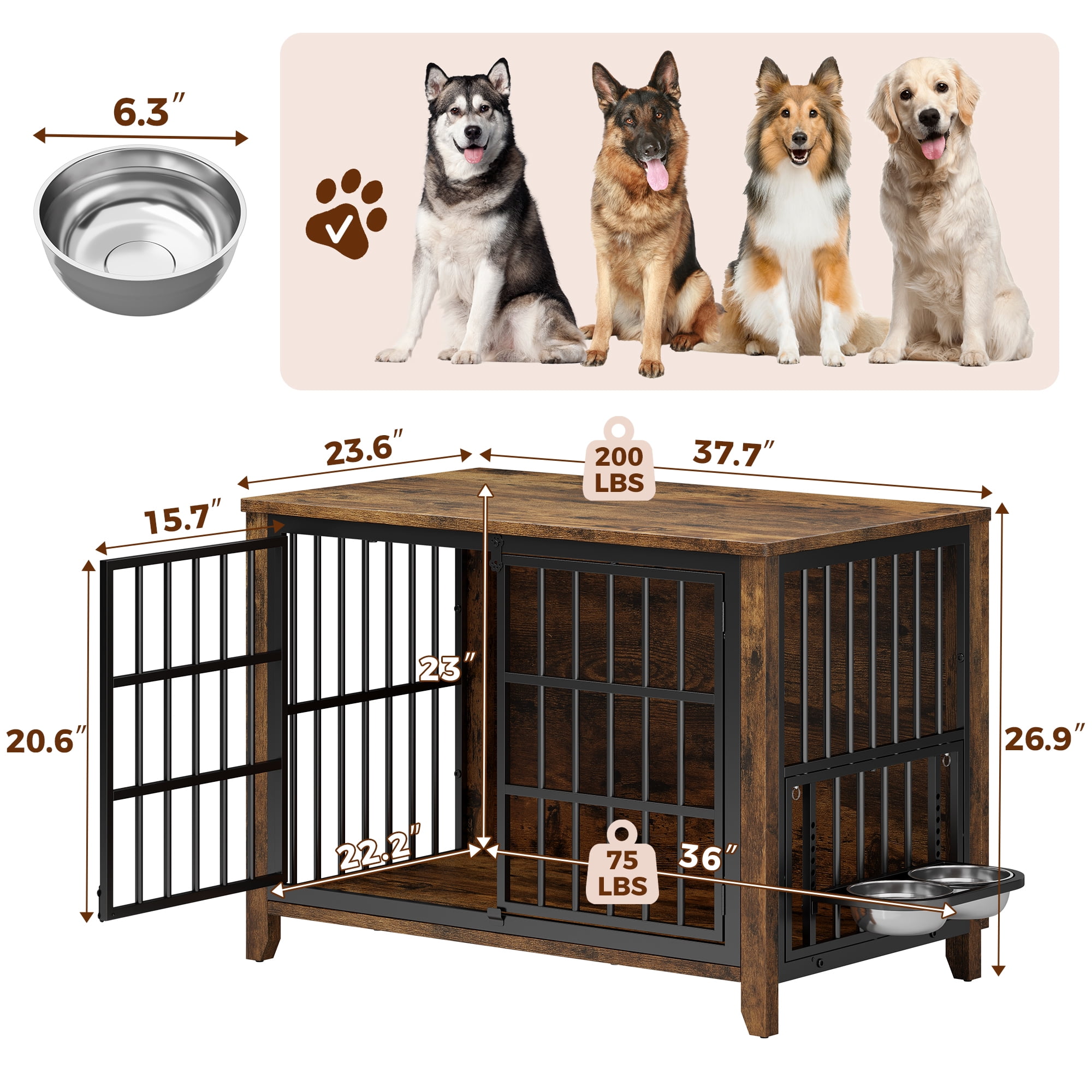 Laintene 37" Dog Crate Furniture with Bowls, Wooden Dog Crate Indoor, Inside Dog Kennels for Medium Large Dogs, Heavy Duty Dog Cage Table, Brown