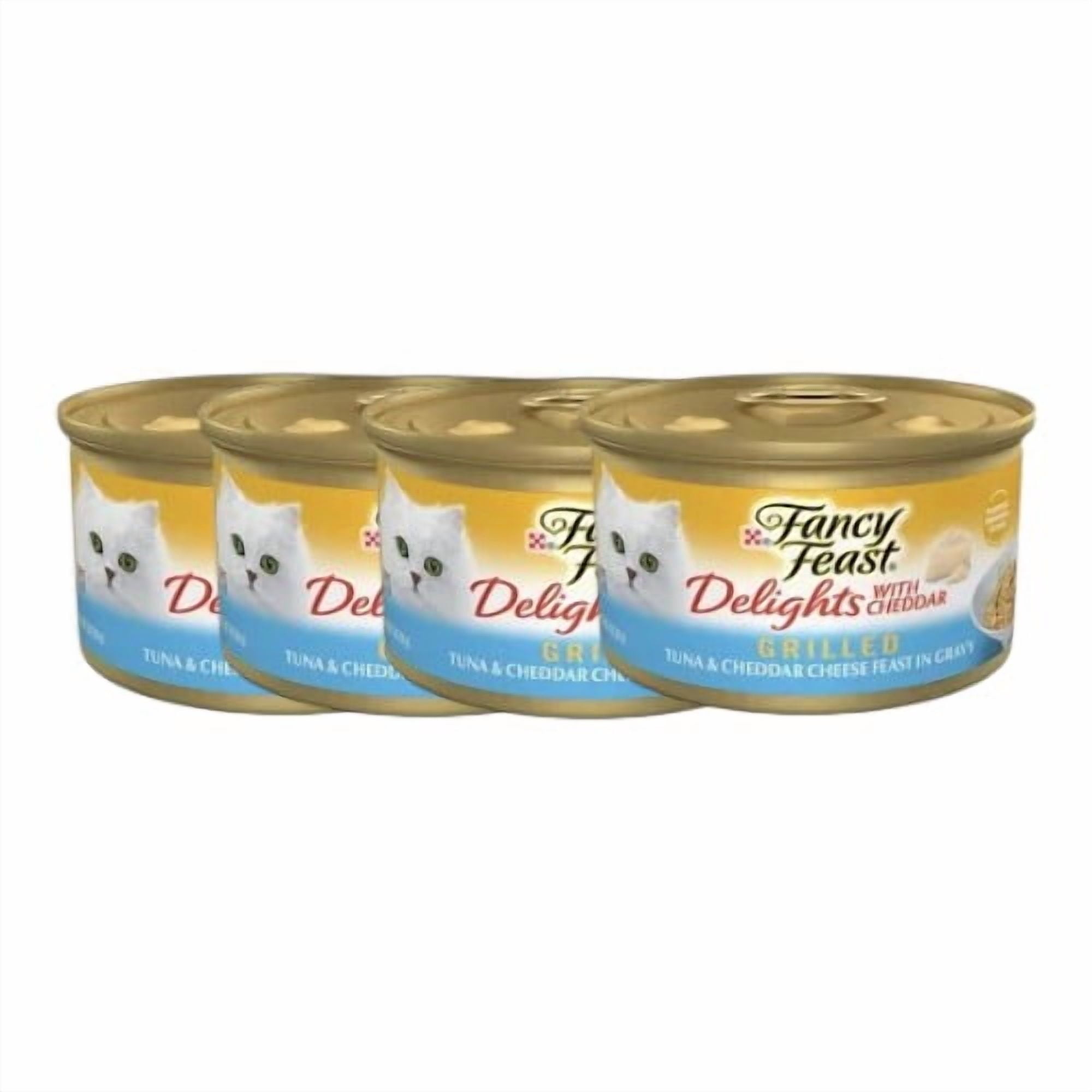 (2 pack) Fancy Feast Delights Grilled Tuna & Cheddar Cheese In Gravy Wet Cat Food, 3 oz cans (4 Pack)