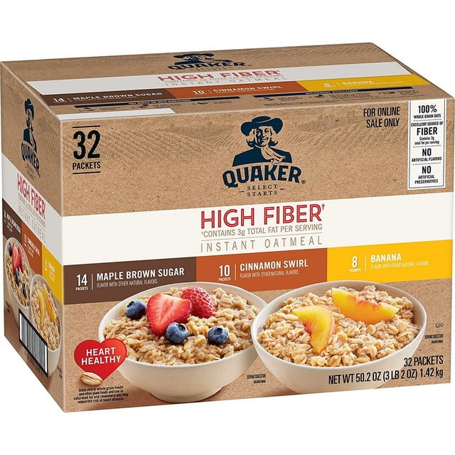 Quaker Instant Oatmeal, High Fiber 3 Flavor Variety Pack, Individual
