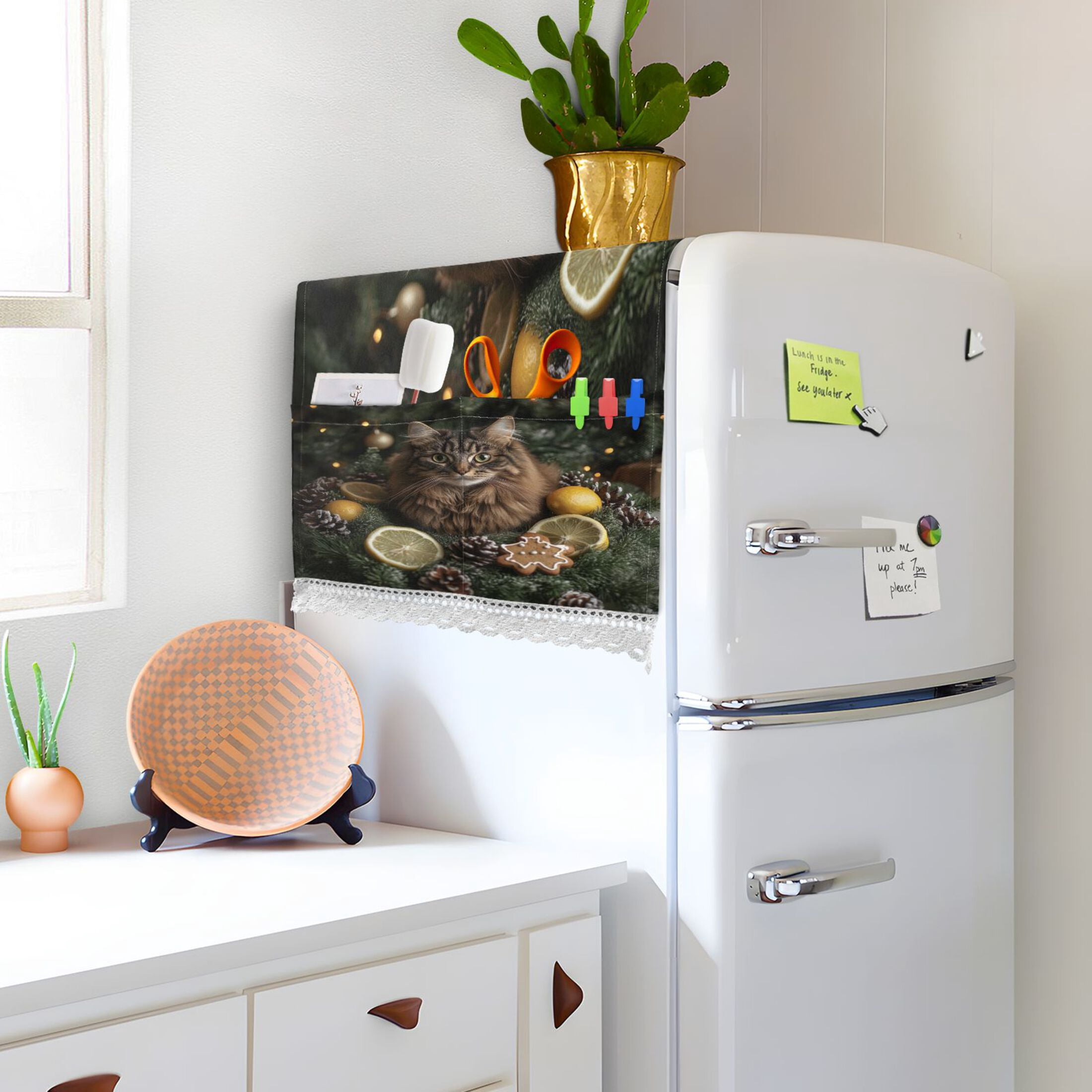 A Fluffy CatWasher and Dryer Covers Dust-Proof and Oil Resistant Fridge Cover with 4 Storage Pockets Washing Machine Top Cover for Laundry Kitchen Home 51.2 x 22 In