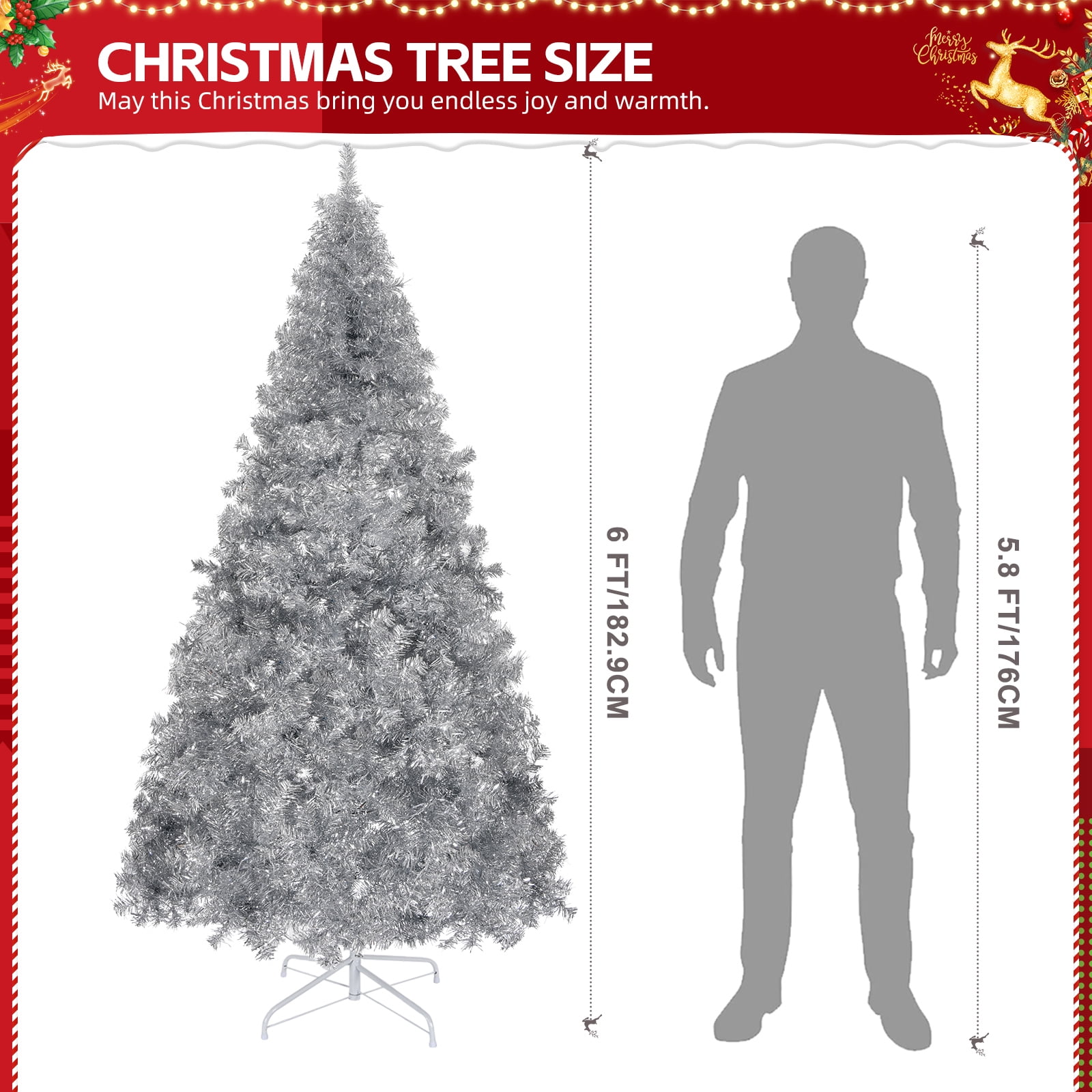 6 FT Pre-lit Artificial Christmas Tree, Hinged Xmas Pine Tree with 900 Branch Tips, 300 Lights and Remote Control for Holiday Party Office Home, Silver