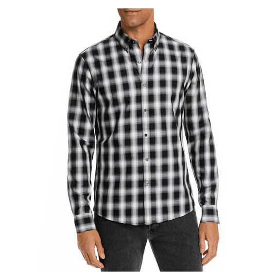 Michael Kors Men Ombre Plaid Slim Fit, Long Sleeve, Button-Down Shirt, Black, L