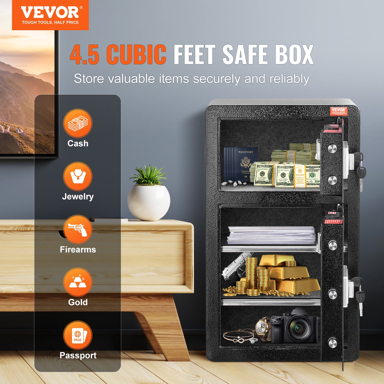 VEVOR Double Doors 4.5 cu.ft Safe Box with Key Lock & Password,Safe Lock Box with Fireproof Bag, Key Rack, LED Light and 2 Height Adjustable and Removable Divider for Money,Documents, Jewelry, Black