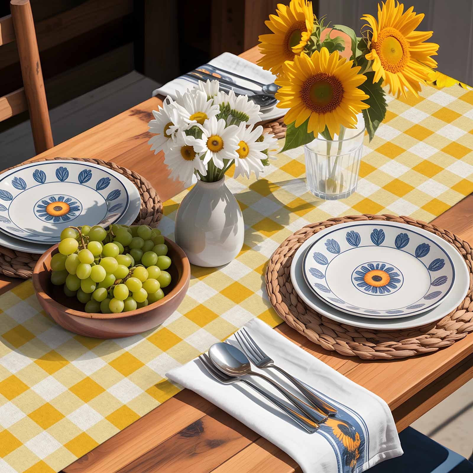 Watercolor Sunflowers Leaves on Retro Table Runner 90 Inches Long, Yellow White Plaid Table Runners Tabletop Scarf Kitchen Dining Tables Decoration for Home Party Indoor Outdoor