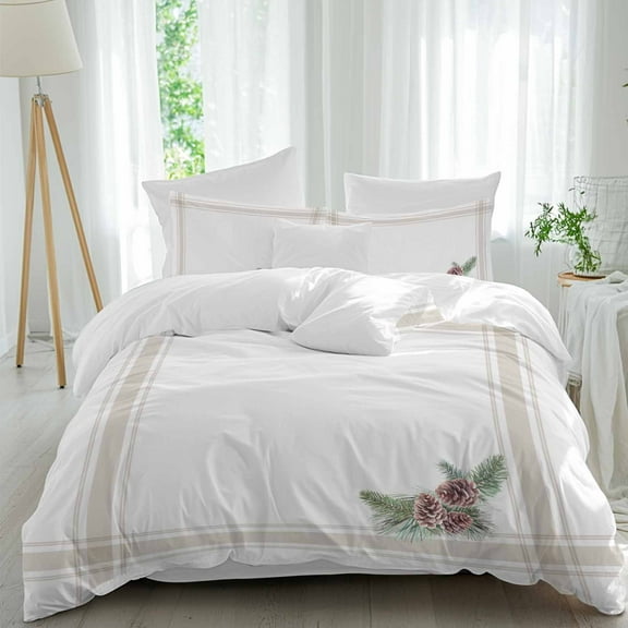 Christmas Pine Cones Duvet Cover Set Queen Size, Winter Vintage Brown Striped 4 Piece Soft Microfiber Bedding Set with 1 Duvet Cover, 1 Flat Sheet, 2 Pillowcases