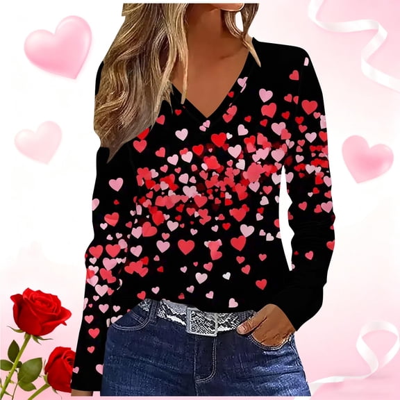 Qepwscx Women'S T-Shirts Long Sleeve Valentine'S Day V Neck Sweatshirt Heart Printed Womens Tunic Blouses Tops Casual Pullover Sweatshirts Spring Fall Graphic T-Shirt Holiday Party Tees Tops