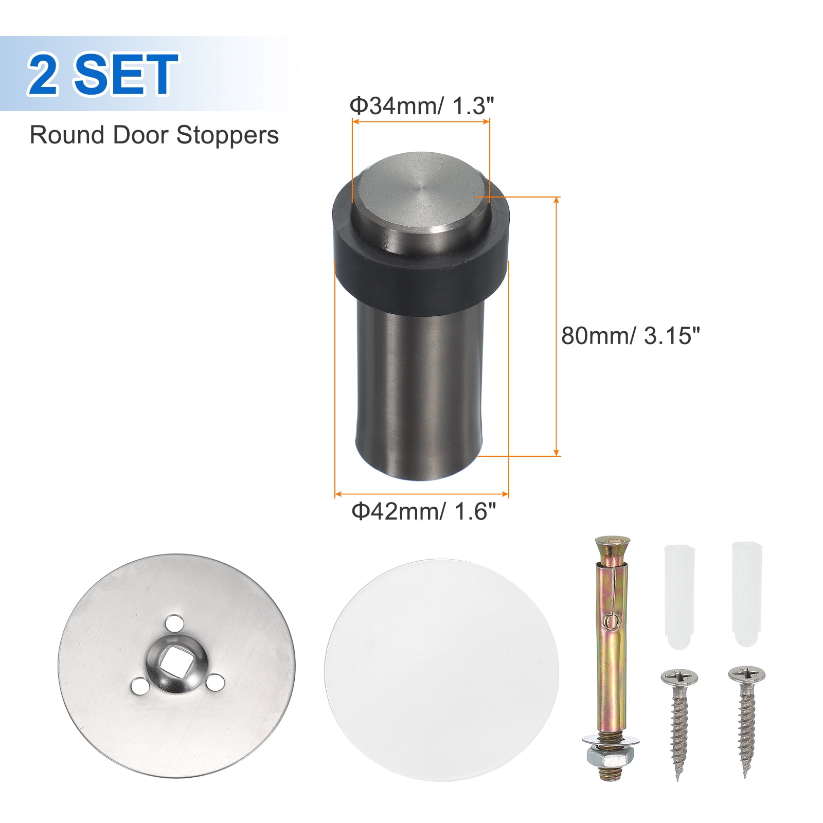 2Set Round Door Stoppers, 80mm Stainless Steel Door Stop Doorstop Wedge Metal Cylinder Self Adhesive with Screw for Bottom of Door Floor Inside, Gold Tone