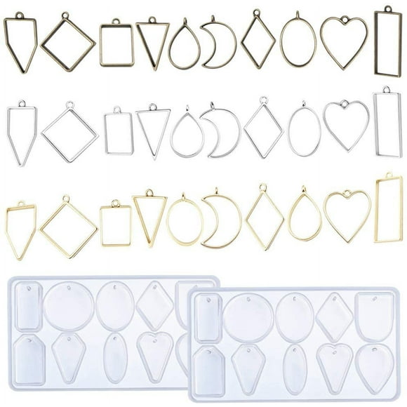 32 PCS Open Bezel Pendants Charms Resin Molds and Silicone Molds, SourceTon Jewellery Findings DIY Pressed Flower Frame Assorted Geometric Hollow Trays