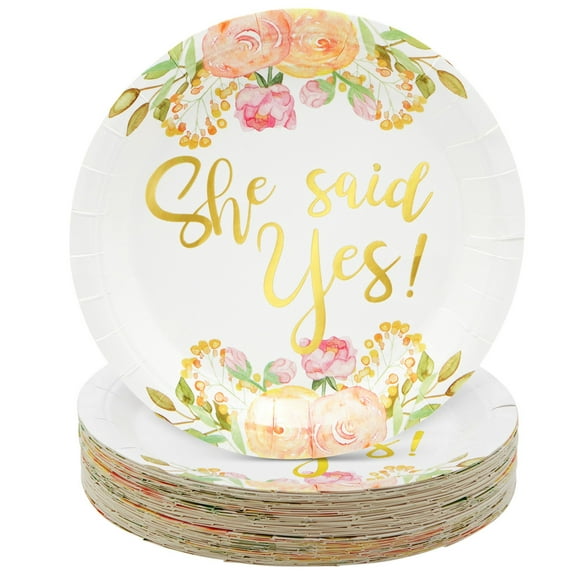 48-Pack Gold Foil She Said Yes Plates for Engagement Party, Bridal Shower Decorations, Disposable Bachelorette Supplies, Wedding Celebration, Floral Design (9 in)