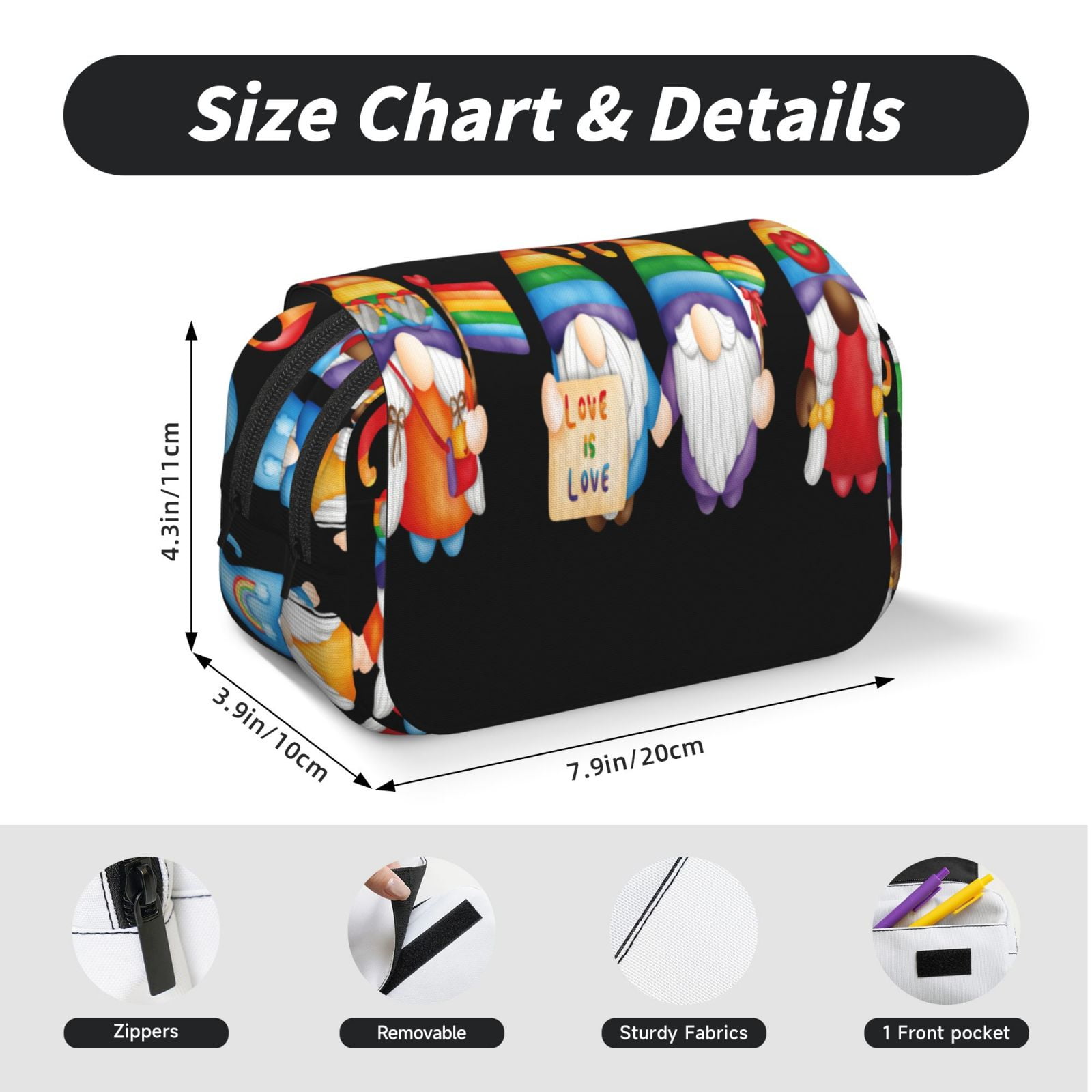 Rateoe Happy Pride Gnome Pattern Double Clamshell Pen Case, Storage Organizer with Two Zipper Compartments– Holds Up to 50 Pencils & Pens