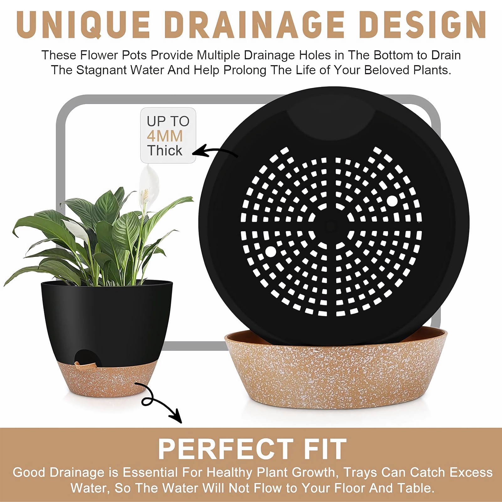 West Bay 12" 10" 9" Large Self Watering Plant Pots, 3 Pack Flower Pots Planters with Multi Mesh Drainage Holes for Indoor Outdoor Garden Plants and Flowers (Black)