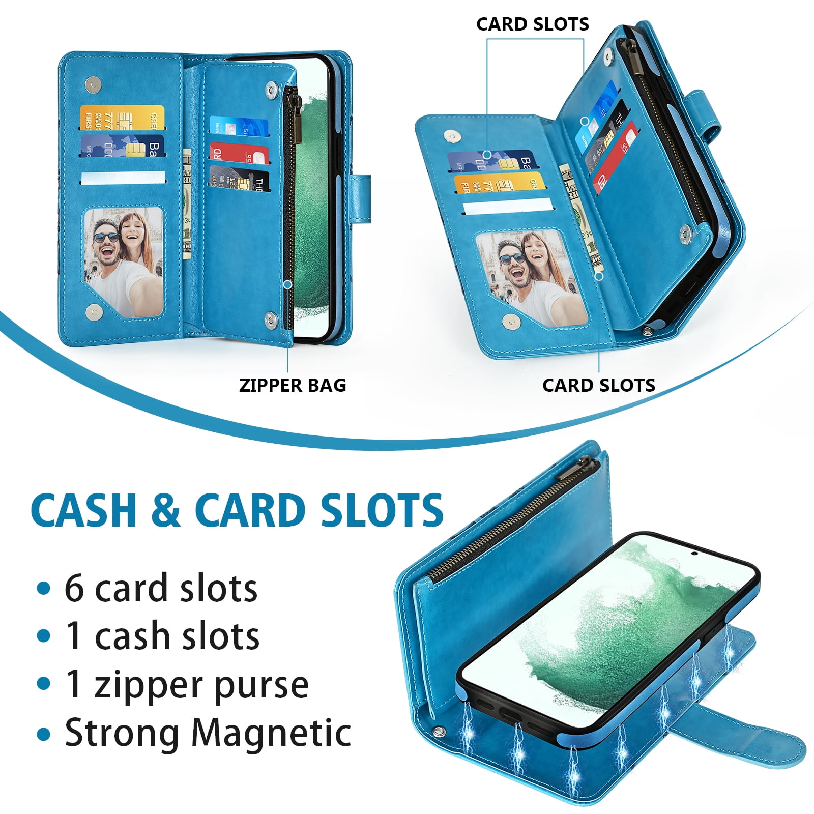 Phone Case for Samsung Galaxy S22 Plus S22+ 5G Zipper Wallet Magnetic Detachable Cell Cover with Tempered Glass Screen Protector Crossbody Strap Flower Card Holder Slot S22 S22plus S 22+ Women Blue