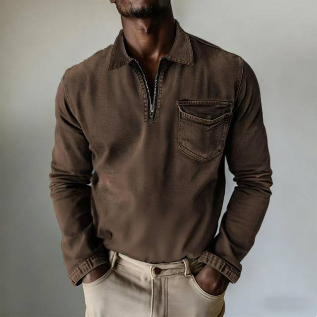 Ceisia Men's Spring Gift & Summer Vintage Casual Plaid Polychrome Zipper Turndown Collar Long-Sleeve Shirt - 320g Polyester Com fortable Beach &