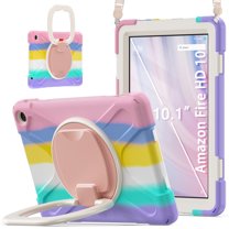For Fire HD 10 Tablet 13th Generation 2023 Release Case, 360 Rotatable Handle Stand, Shoulder Strap, Drop-Proof Design, Colourful Pink