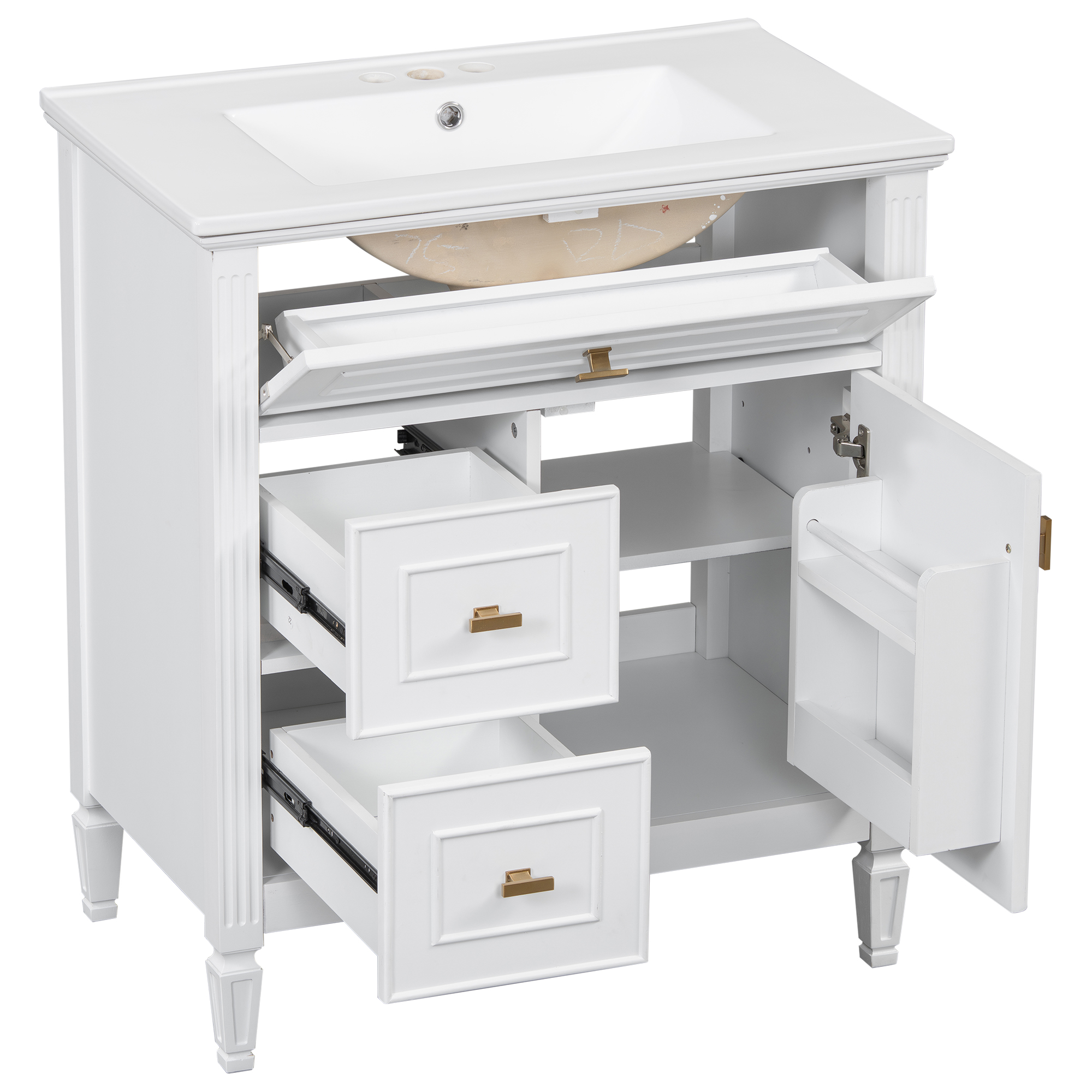 Aukfa 30" Bathroom Vanity with Sink,Modern Bathroom Sink Cabinet for Small Spaces,Ceramic Top & Flip Drawer,White