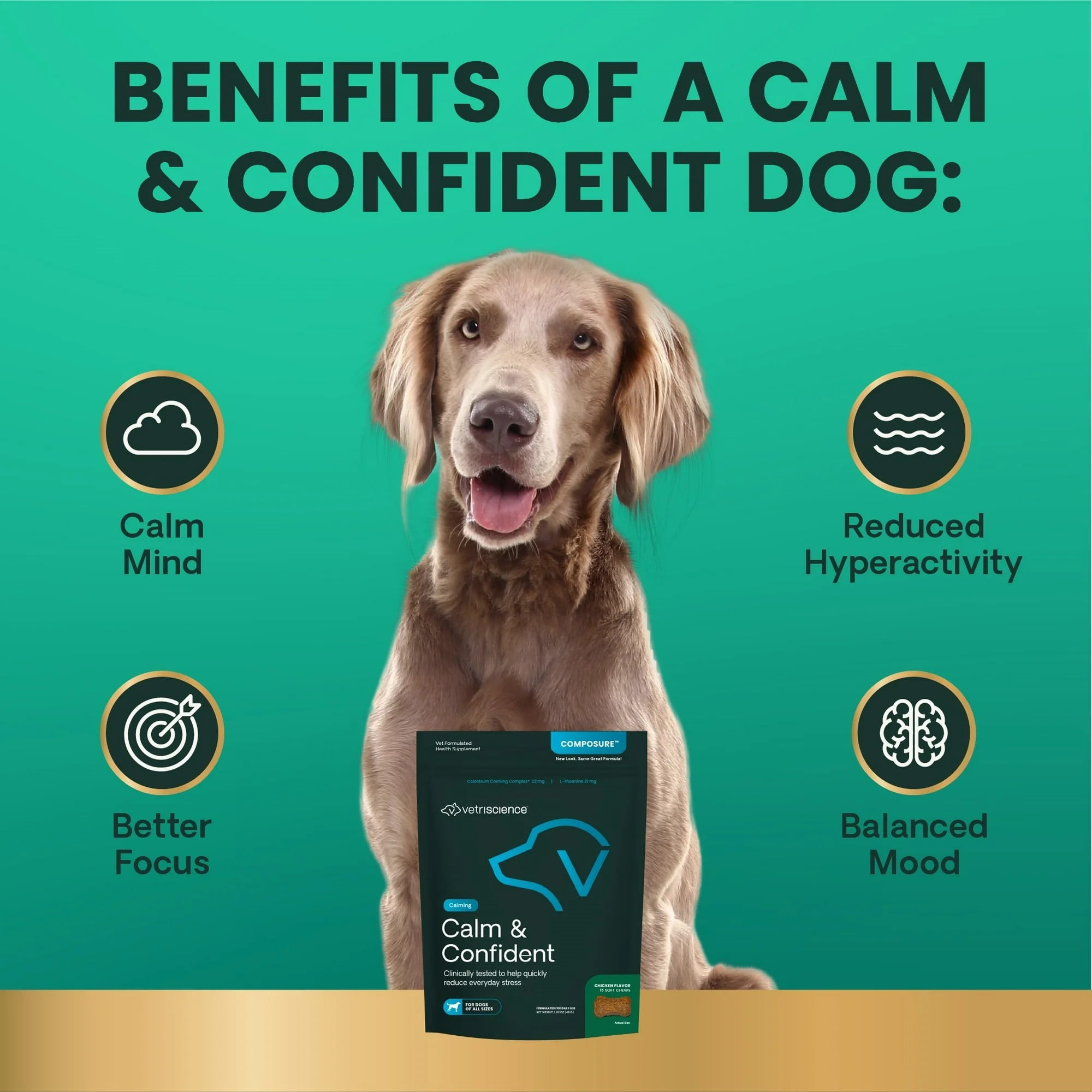 VetriScience Long Lasting Calm & Confident Anxiety Support Soft Chews for Dogs, Chicken, 30 Count Bag