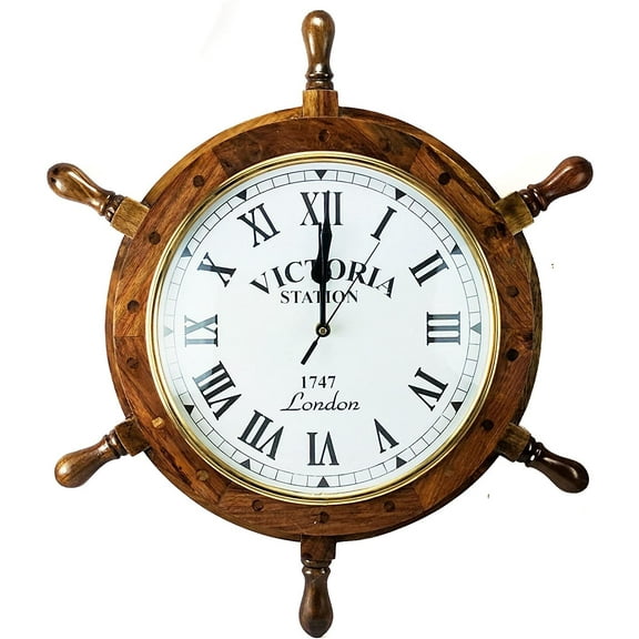 Nagina International Nautical Handcrafted Wooden Premium Wall Decor Wooden Clock Ship Wheels | Pirate's Accent | Maritime Decorative Time's Clock (16 Inches, Clock Size - 8 Inches)