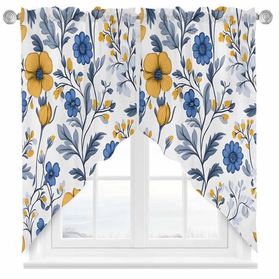 Vintage Yellow Blue Flower Swag Curtain Valance for Windows, Abstract Floral Window Treatments Short Swag Topper for Kitchen Windows Bathroom Bedroom, 36"x36"