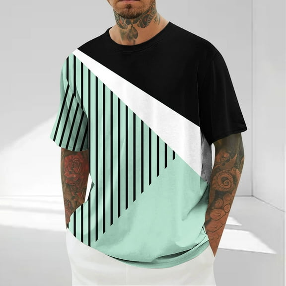Yanghang Tops Men Mens T-Shirts Men's Casual Short Sleeved Geometric Printed Round Neck Off Shoulder Top Shirts For Men